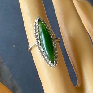 O-6: Solid 10k WG Marquis Green Jade Ring- Vintage- 30 secure double prongs. 5.5
